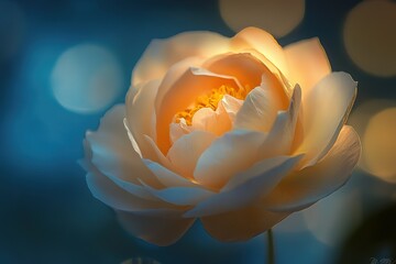 Softly lit peach rose blossom, delicate petals unfurling.  A serene and peaceful image.