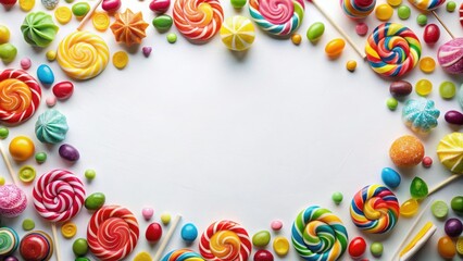 A vibrant array of colorful candies and lollipops arranged in a circular frame, providing a playful and festive backdrop for any sweet treat.