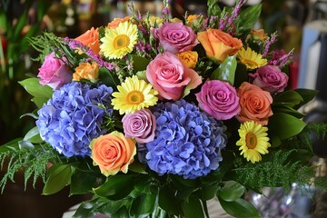 Fototapeta premium Vibrant bouquet of roses, gerbera daisies, and hydrangeas in various colors.