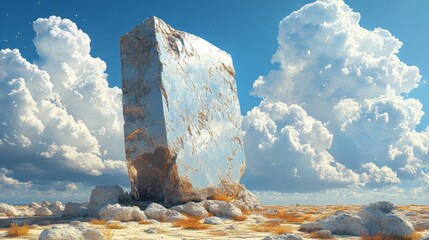 Metallic monolith standing in a desolate landscape under a dramatic sky.