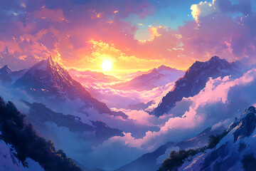 Surreal digital artwork of a vivid sunset over a mountainous landscape, with radiant clouds floating above snow-capped peaks and casting a magical glow.
