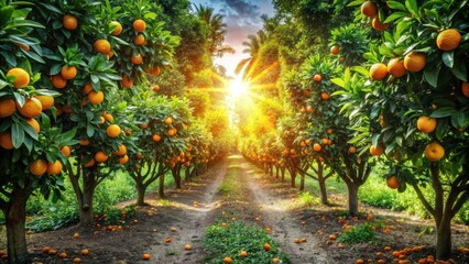 A picturesque grove of citrus trees with ripe oranges, bathed in the golden glow of the setting sun, creating a serene and idyllic scene.