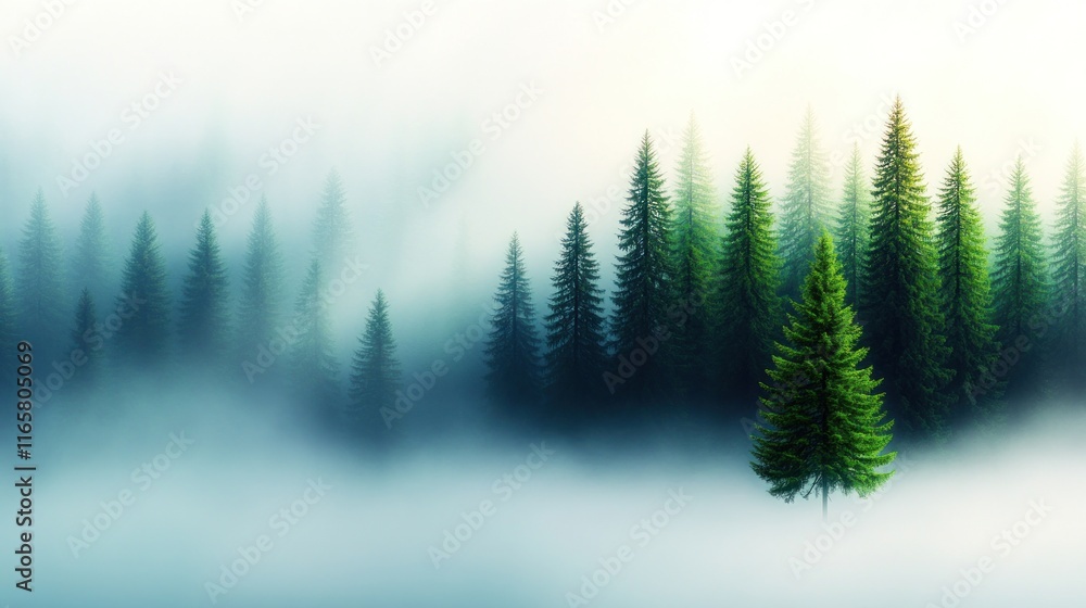 Poster misty forest with evergreen trees and soft fog.