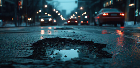 Potholes interrupt the asphalt road, reflecting city lights and presenting hazards for vehicles during twilight hours. Drivers must navigate carefully to avoid damage.