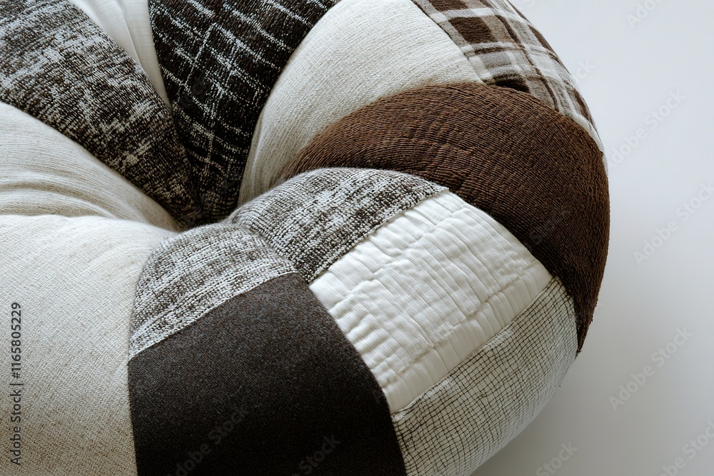 Aufkleber patchwork round cushion in neutral tones. soft textures and varying fabrics create a cozy and unique
