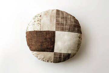 Fototapeta premium Round patchwork cushion in beige and brown tones. Perfect for adding texture and comfort to any room.