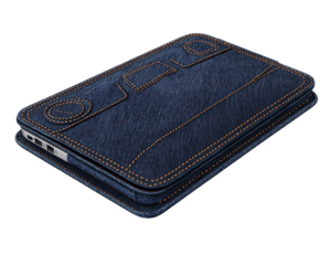 Blue denim laptop sleeve with stylish stitching, on white isolated background.