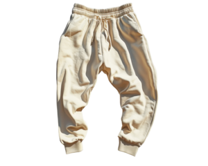 Casual beige jogger pants on a white isolated background.
