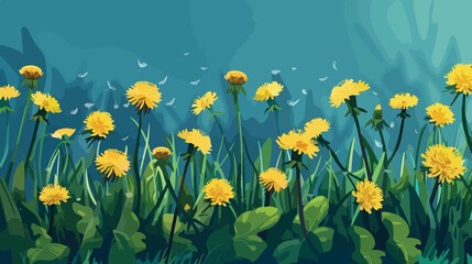 Bright Spring Dandelion Flowers Vector Background in Cartoon Style