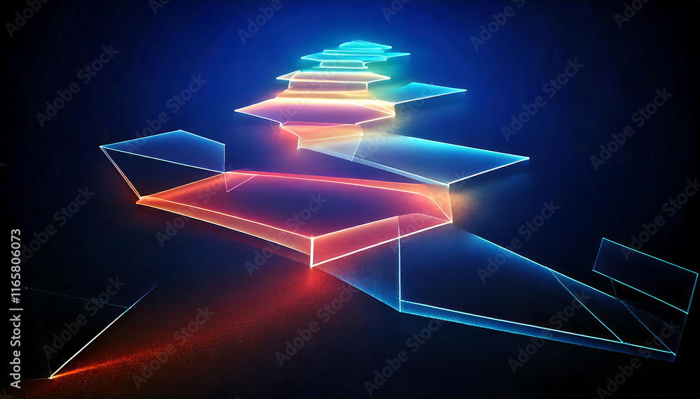 Poster abstract glowing geometric shapes form a vibrant, dynamic pathway. ideal for tech, innovation, and f