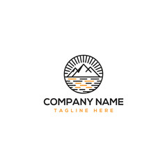 sunset logo with water waves and leaves in line art design style