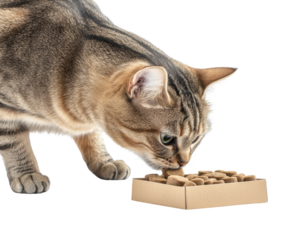 Cat curious about small box, white isolate background