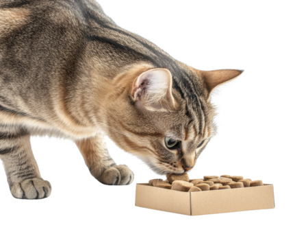 Cat curious about small box, white isolate background