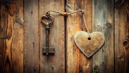 An antique key with a heart-shaped head hangs on a rustic wooden wall next to a wooden heart, symbolizing the connection between love and security.
