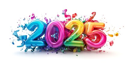 A vibrant number 2025 with paint splashes on it.