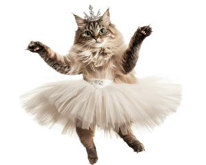 Cat in a tutu and crown dancing joyfully with a white isolated background.