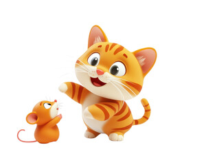 Obraz premium Cheerful cartoon cat playing with a cute mouse, white isolate background.