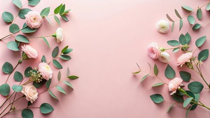 Floral Frame with Delicate Pink Flowers and Lush Green Leaves on a Soft Pink Background
