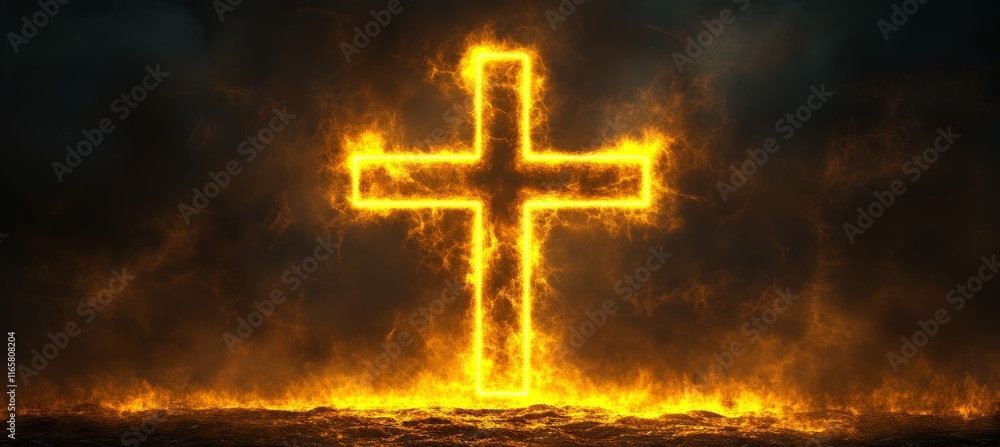 Canvas Prints Burning Jesus Cross. Religion faith worship spirituality concept. Generative AI technology.	
