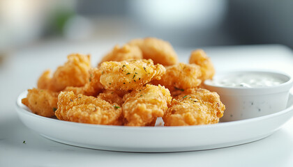 Crispy Fish Sticks with Tartar Sauce on White Plate

