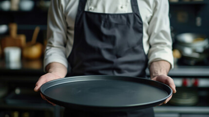Chef holds a black tray in a busy kitchen during meal preparation