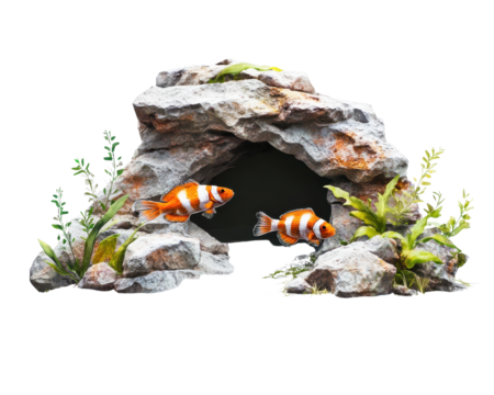 Clownfish swimming near a rocky cave, white isolated background.