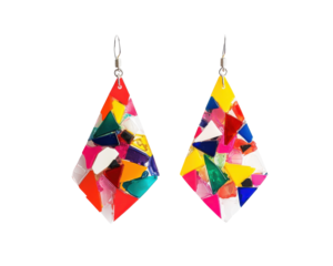 Colorful, geometric earrings on a white isolate background.