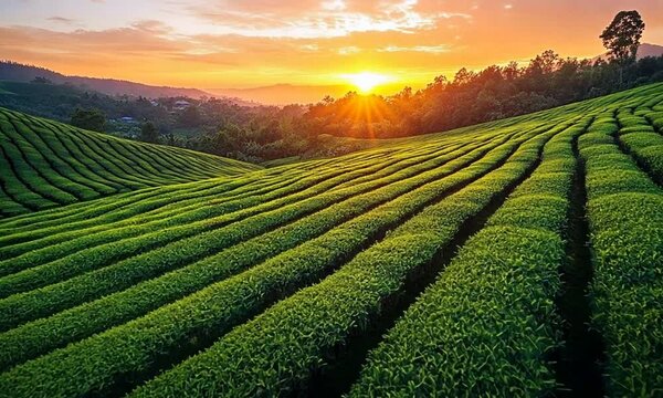 Lush tea plantation at sunset with vibrant green rows under a colorful sky.