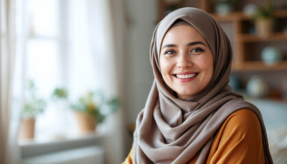 Portrait Of Smiling Senior Muslim Woman In Traditional Hijab Posing Smiling To Camera At Home. Headshot Of Happy Middle-Eastern Housewife Concept. Panorama