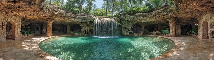 Fototapeta premium Lush Jungle Oasis: A hidden tropical waterfall cascading into a crystal-clear lagoon, surrounded by exotic, oversized plants and vibrant flowers