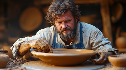 Skilled Artisan Shapes Clay on Potter's Wheel in Rustic Workshop Setting, Showcasing Craftsmanship and Attention to Detail in Pottery Creation