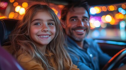 Smiling Father and Daughter Enjoying a Joyful Ride in a Colorful City at Night with Vibrant Lights Reflected in the Car's Interior