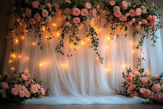 Romantic floral backdrop with fairy lights, perfect for weddings or special events.  Soft pink roses and sheer fabric create a dreamy atmosphere.