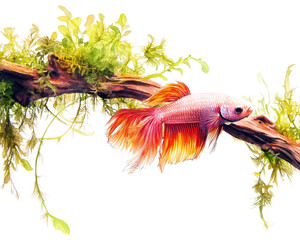 Colorful betta fish swimming near aquatic plants on isolated background.