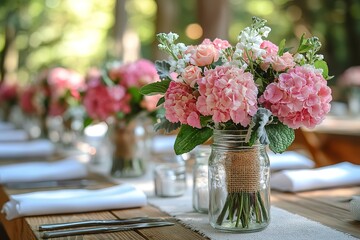 Pink hydrangeas in mason jars decorate a rustic table setting.