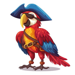 Fototapeta premium Colorful cartoon parrot wearing a pirate hat and eyepatch, isolated on white background.
