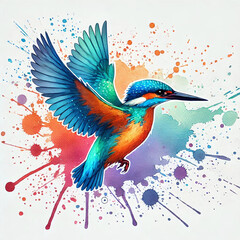Obraz premium A Vibrant Watercolor Illustration of a Kingfisher in Mid-Flight, Wings Spread and Hovering Against a Splashed Background. Generative AI.