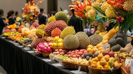 A colorful display of Asian fruits such as durian, dragon fruit, and lychee, arranged on a table at a cultural festival, with people browsing and sampling various delicacies 