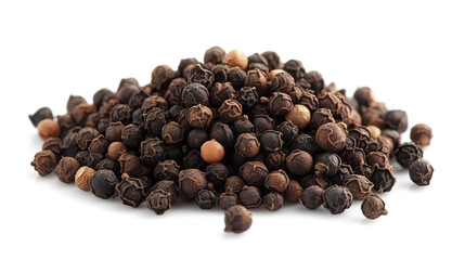 side view on one single black allspice peppercorns pile heap isolated on white background