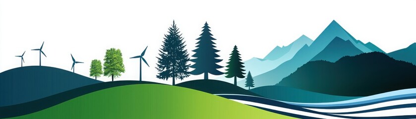 A serene landscape featuring hills, trees, wind turbines, and mountains, symbolizing sustainability and harmony with nature.