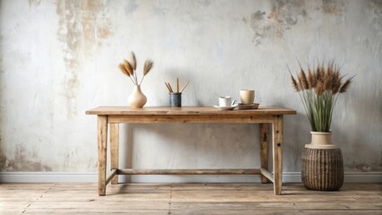 A rustic wooden table with a cup of coffee and dried flowers, set against a textured white wall, showcasing a minimalist interior design aesthetic.