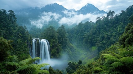 Fototapeta premium Misty rainforest waterfall cascading down a lush valley surrounded by towering mountains.