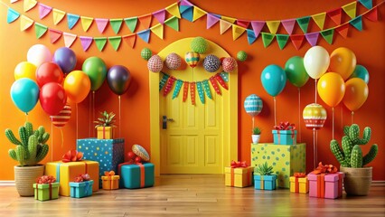 A joyous celebration with colorful balloons, festive flags, and gift-wrapped surprises adorning a bright yellow door leading to a world of happiness.