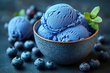 Three scoops of blueberry ice cream in a bowl, surrounded by fresh blueberries.