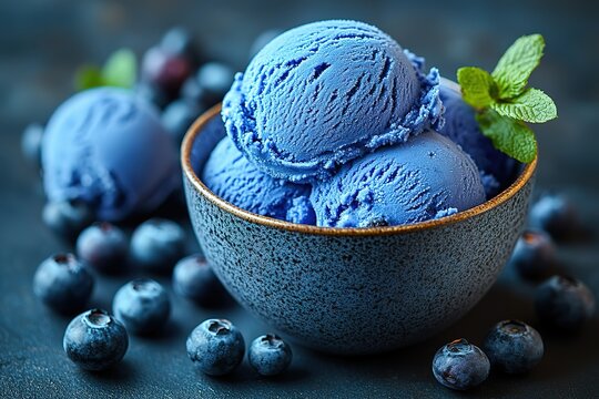 Three scoops of blueberry ice cream in a bowl, surrounded by fresh blueberries.