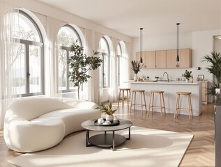 White scandinavian kitchen interior with dining room and wooden floor. Simply furniture with utensils, shelves with crockery and plants in pot,