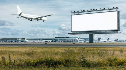 Cinematic high-resolution empty billboard at airport with soft tones.