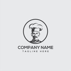 Happy Chef in hat emblem and logo. Cook, baker badge. Food, restaurant concept. Cartoon-colored vector illustration
