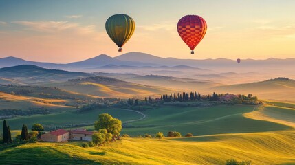 Obraz premium Air Balloons Gliding Over Rolling Green Hills at Dawn