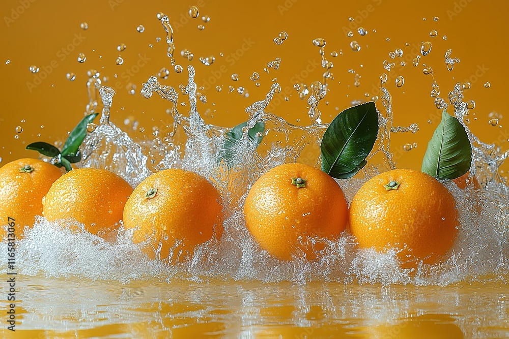Poster juicy oranges splashing into water, creating a vibrant and refreshing image.